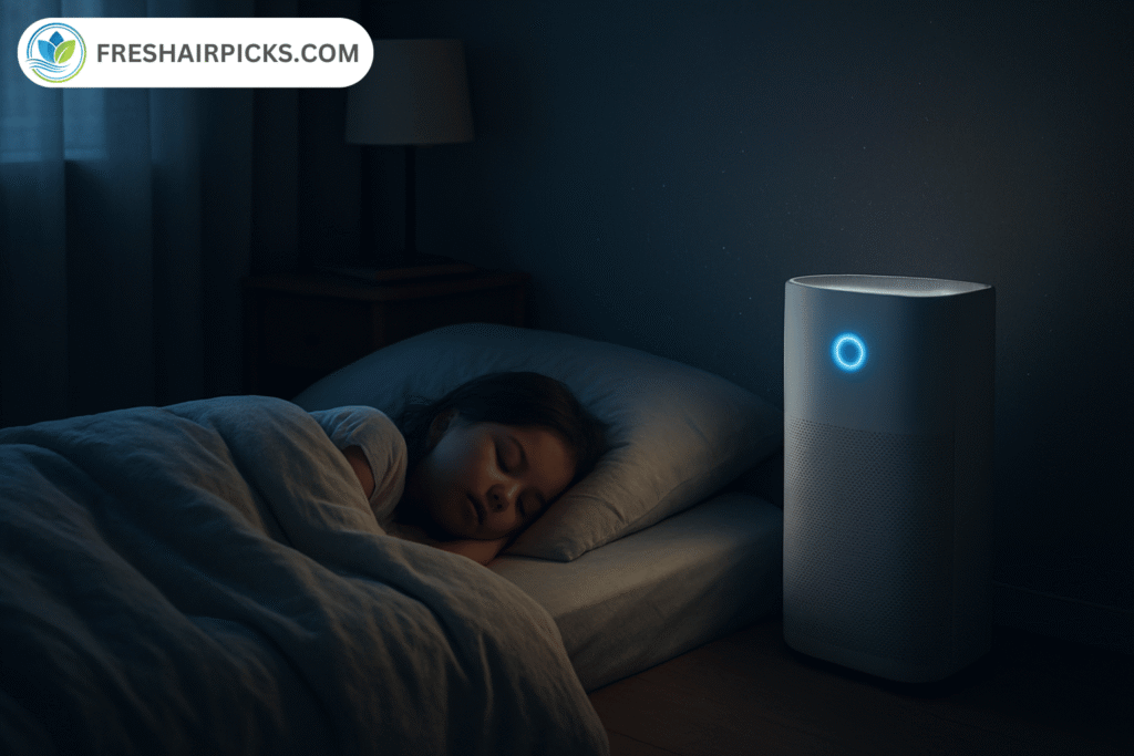 Quiet air purifier running in a dark bedroom at night next to a sleeping person for uninterrupted rest.