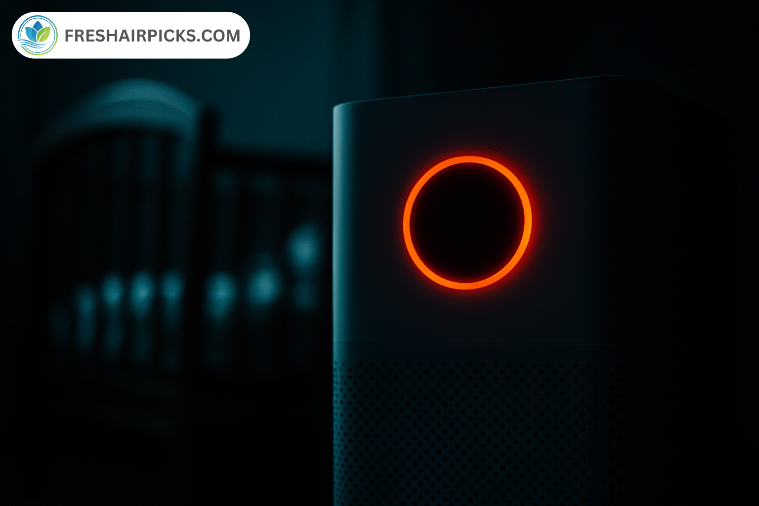 Glowing red LED ring on an air purifier standing in a dark baby nursery next to a crib.
