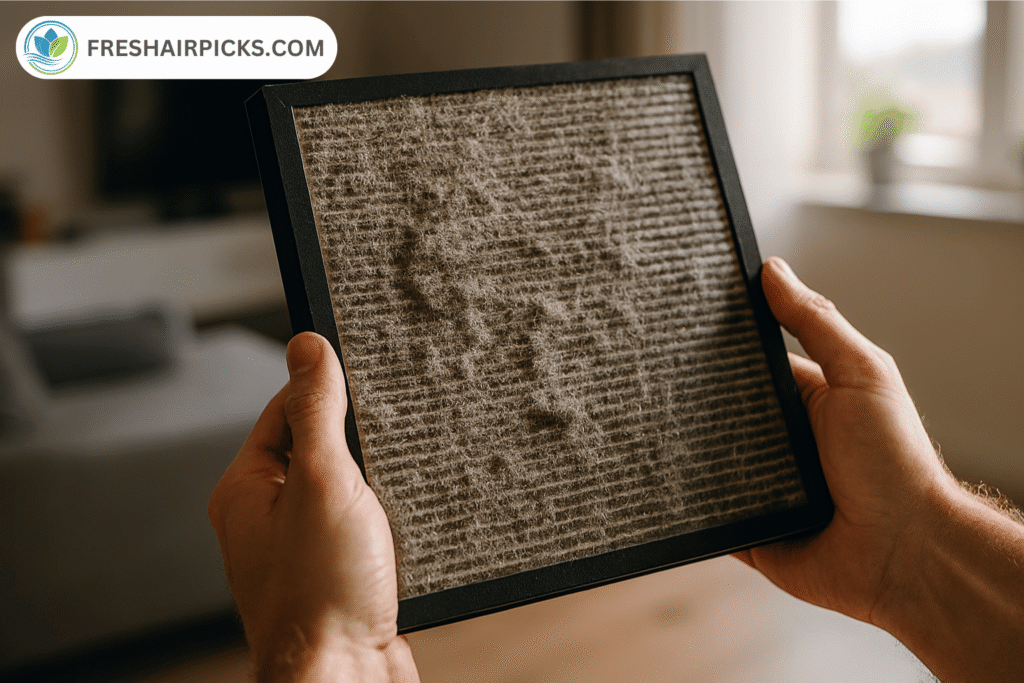 Man holding a removed air purifier filter that is clogged with a thick layer of grey dust and pet hair.