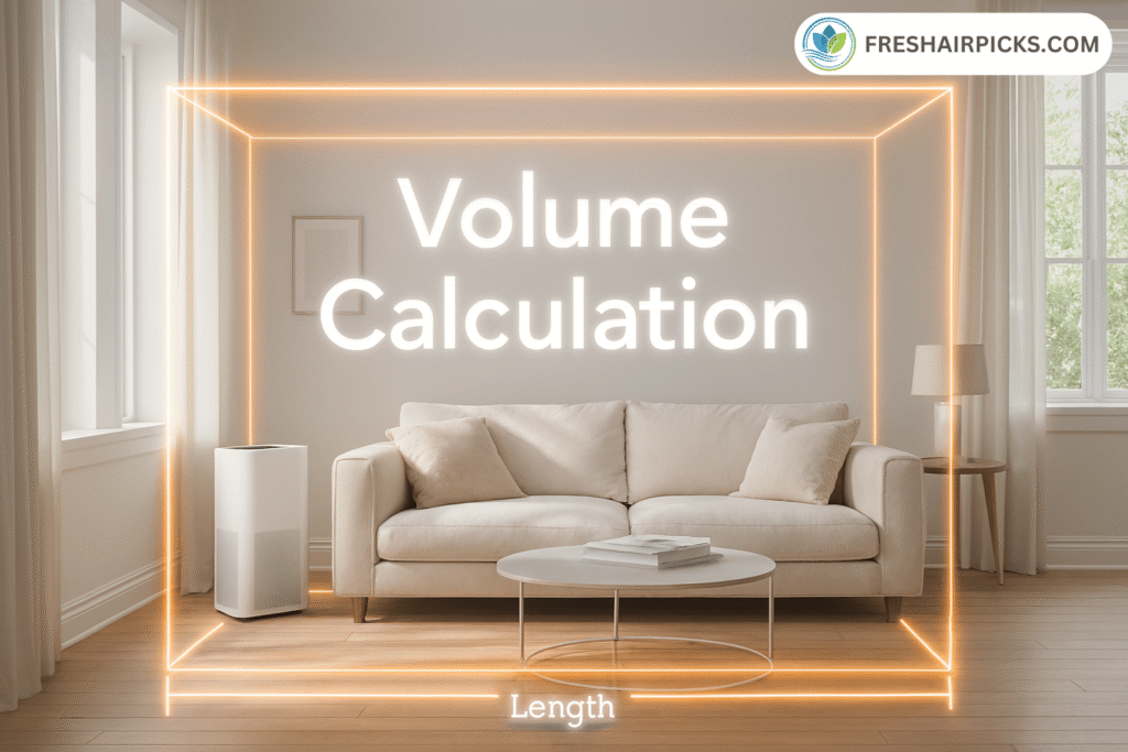 Modern living room with augmented reality lines showing length and width for volume calculation to determine required CADR.