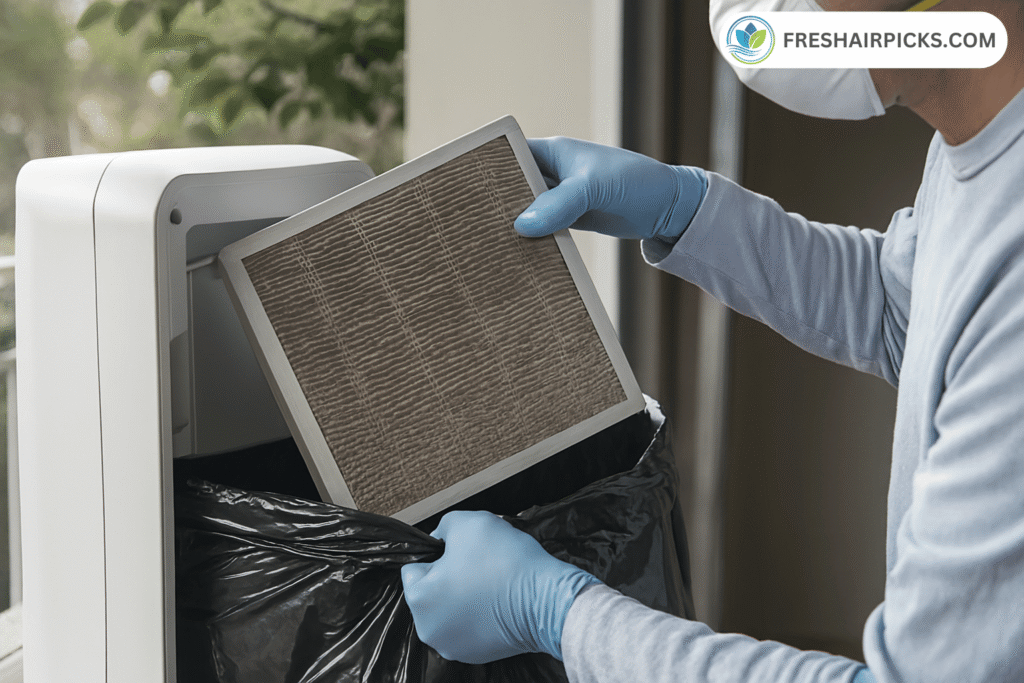 Person wearing N95 mask and gloves carefully placing a dirty air purifier filter directly into a black trash bag.