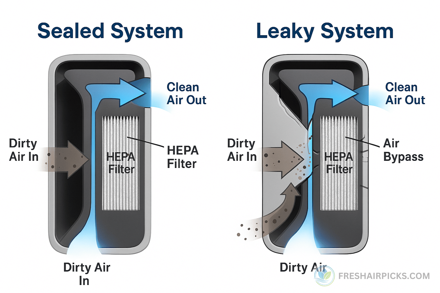 Comparison diagram showing dirty air bypassing the filter in a leaky system versus passing through the HEPA filter in a sealed system