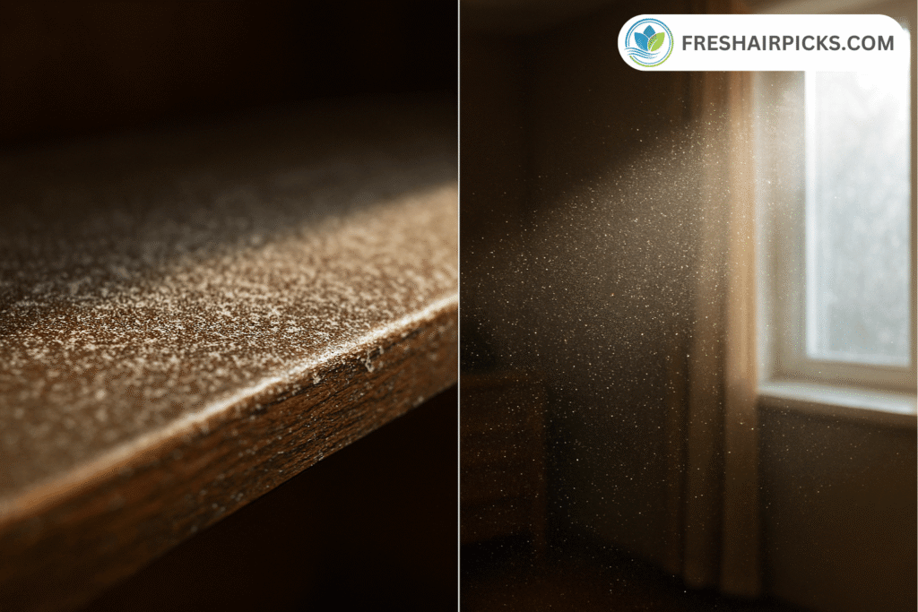 A split-screen image contrasting settled dust on a wooden shelf with airborne dust particles floating in a sunbeam.