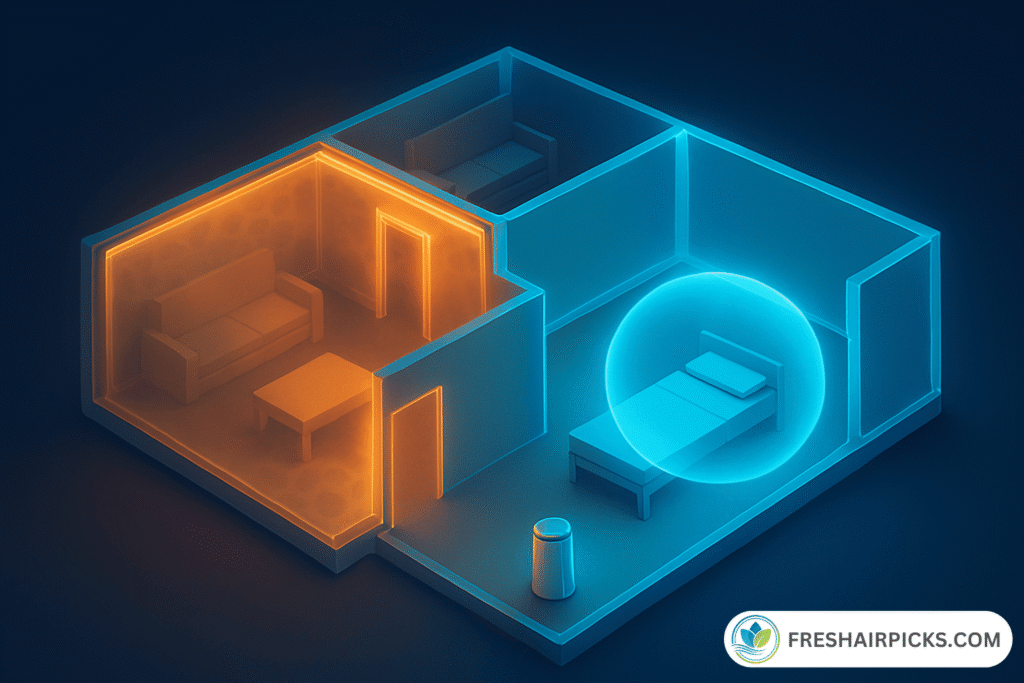 3D isometric diagram showing clean blue air trapped in one bedroom while other rooms remain polluted with orange haze due to walls.