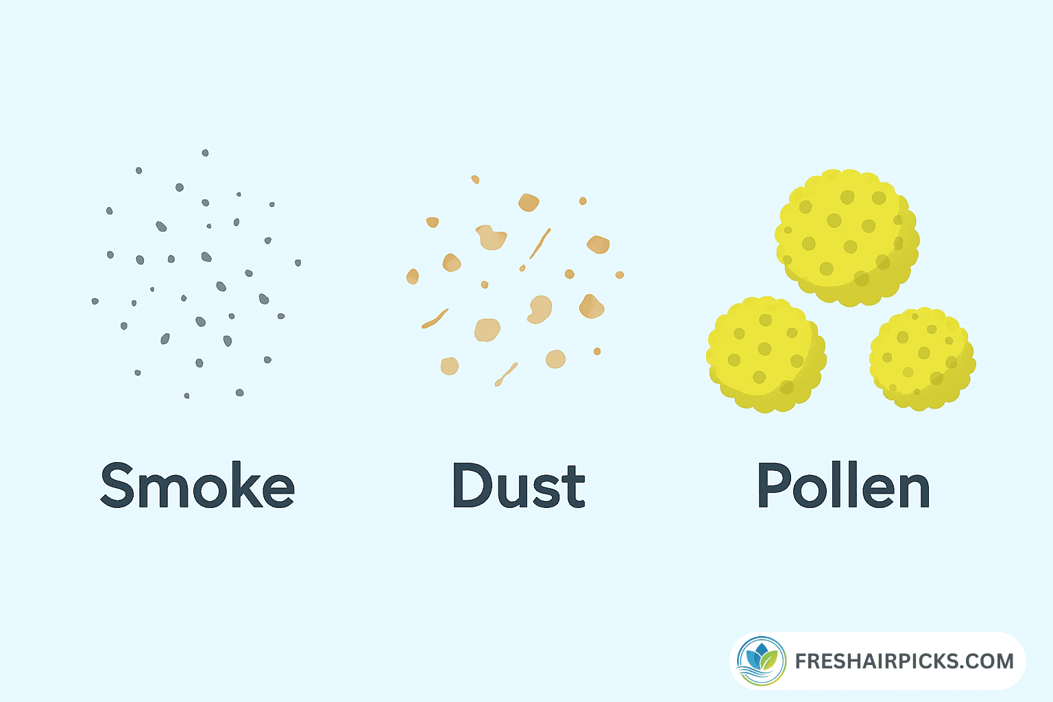An illustration comparing the relative sizes of the three particles measured by CADR: tiny smoke particles, medium-sized dust particles, and large pollen particles.