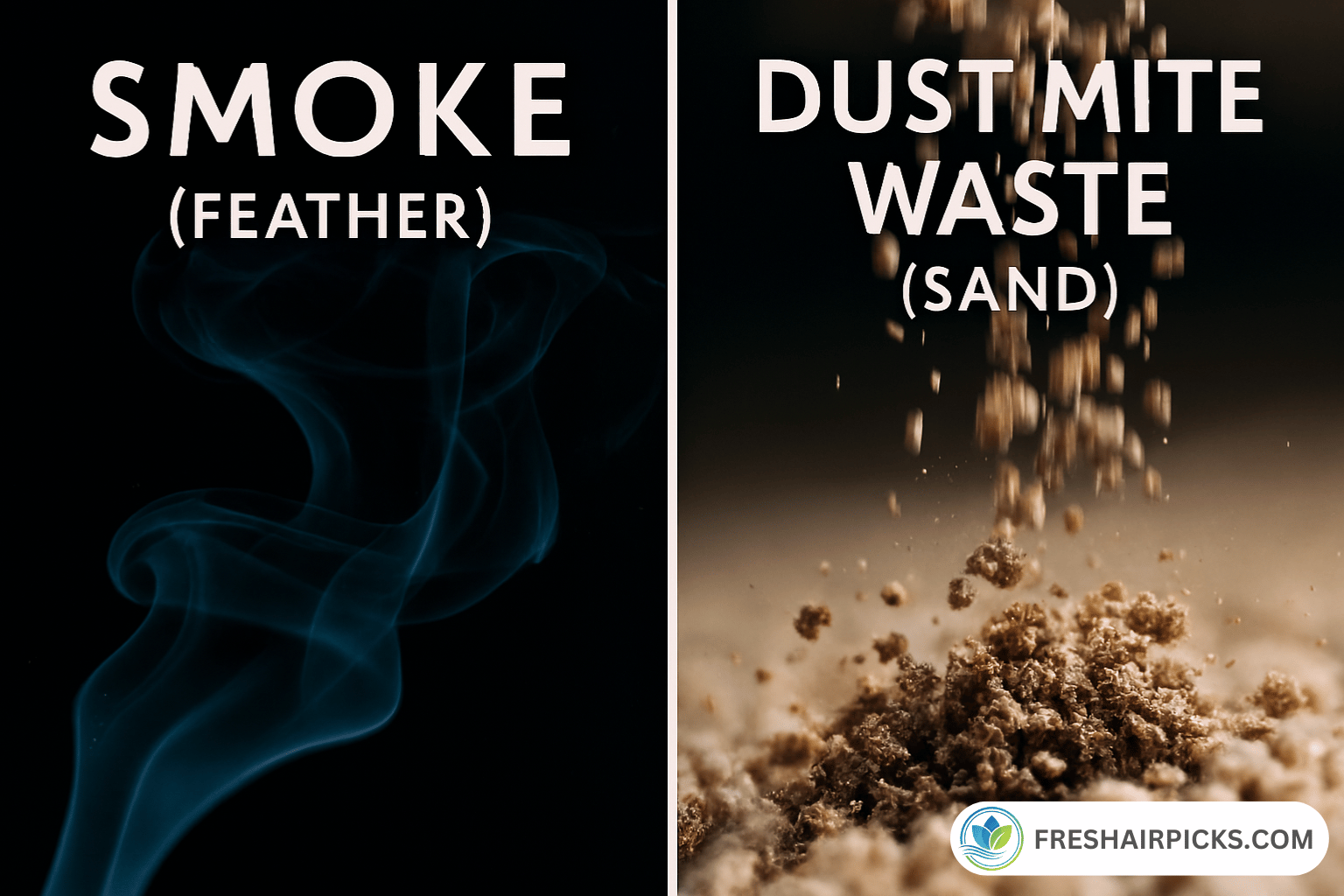 Split image comparing lightweight smoke particles versus heavy dust mite waste falling quickly like sand.
