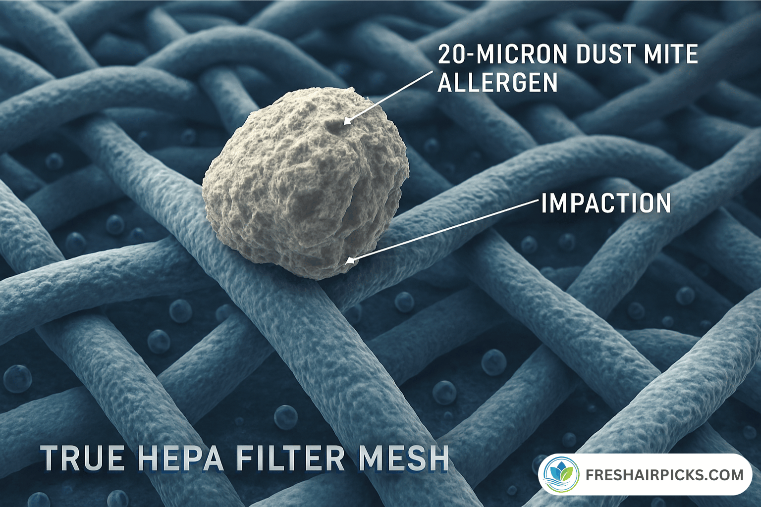 Microscopic illustration of a True HEPA filter fiber trapping a 20-micron dust mite allergen via impaction.