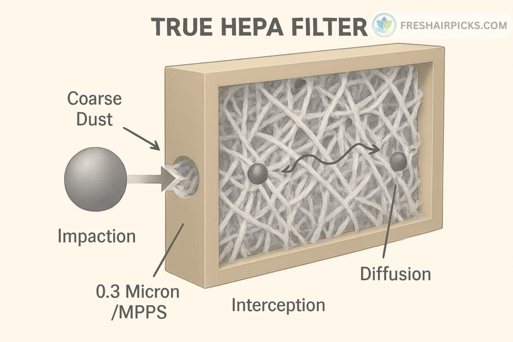 A technical diagram of a True HEPA filter explaining how it traps particles via impaction, interception, and diffusion.