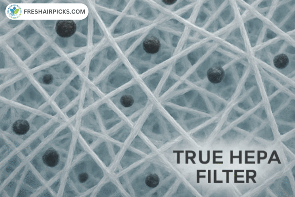 A macro-level illustration of a True HEPA filter's dense fiber mesh (a 'tiny net') successfully trapping microscopic smoke particles.