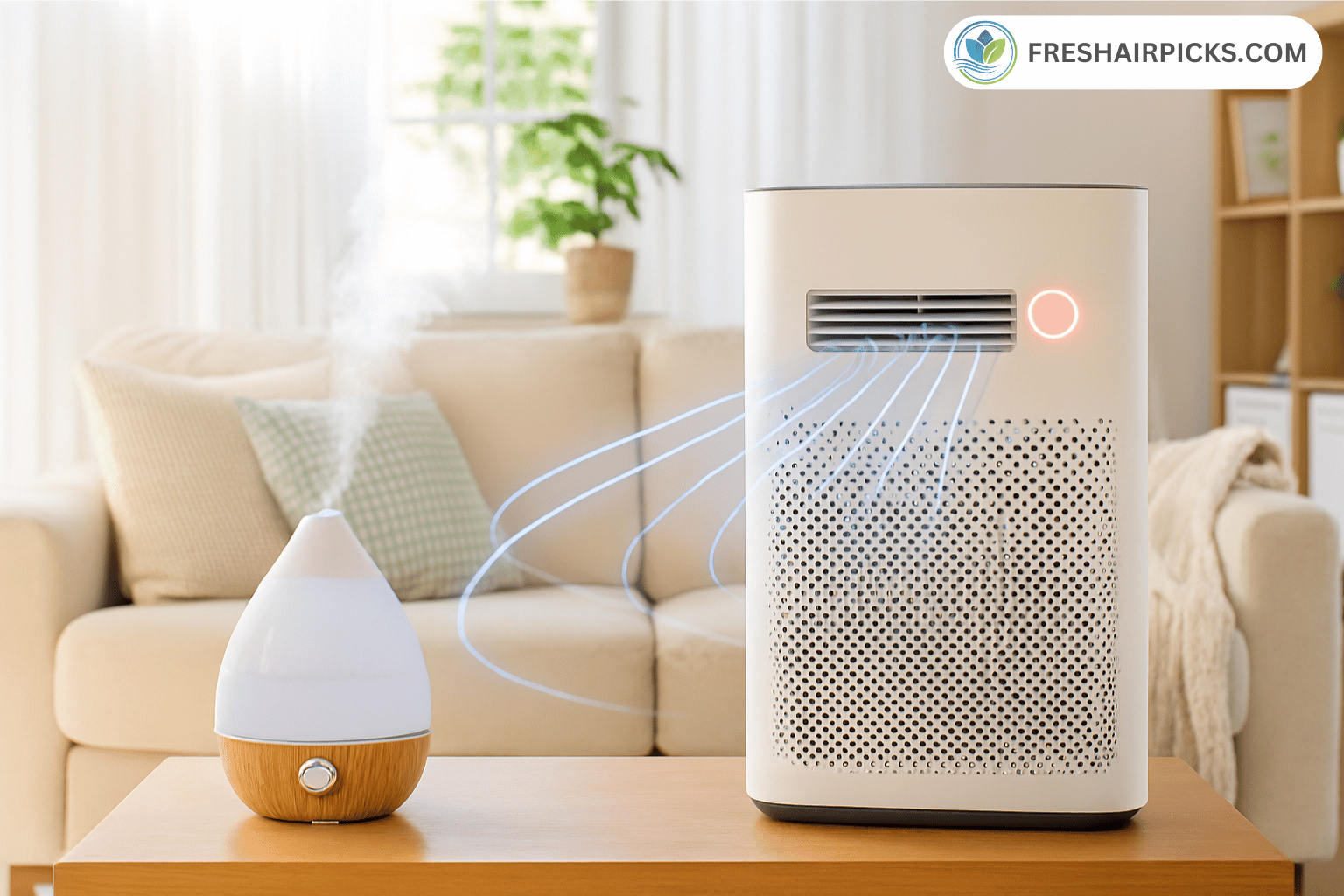 White mist from an ultrasonic humidifier flowing into an air purifier, causing the sensor light to turn red.