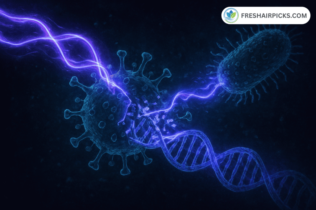 A scientific illustration showing a purple UV-C light ray striking and destroying the DNA of a virus and a bacteria cell on a dark background.
