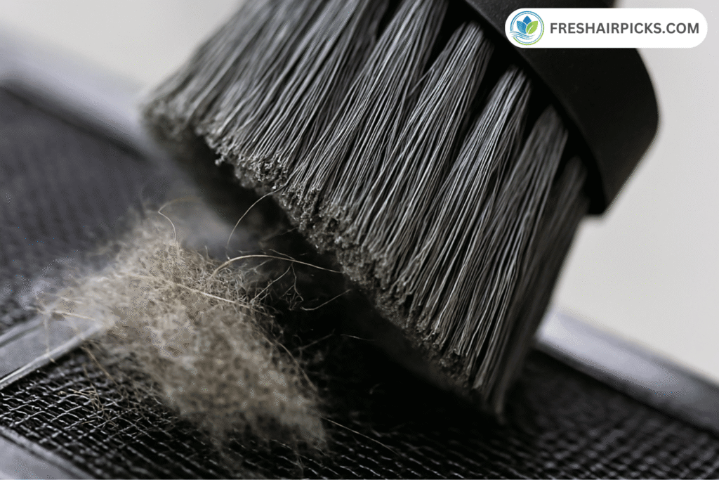 Close up of a vacuum cleaner soft brush attachment gently removing grey dust from a black mesh air filter.