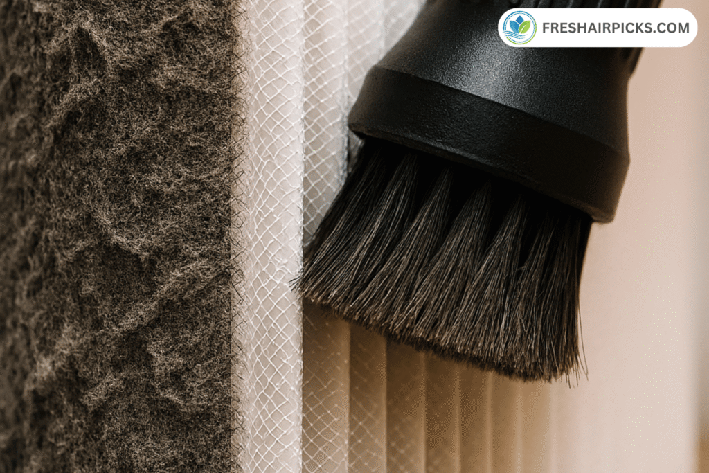 Close up of vacuum brush attachment cleaning dust off Levoit air purifier filter.