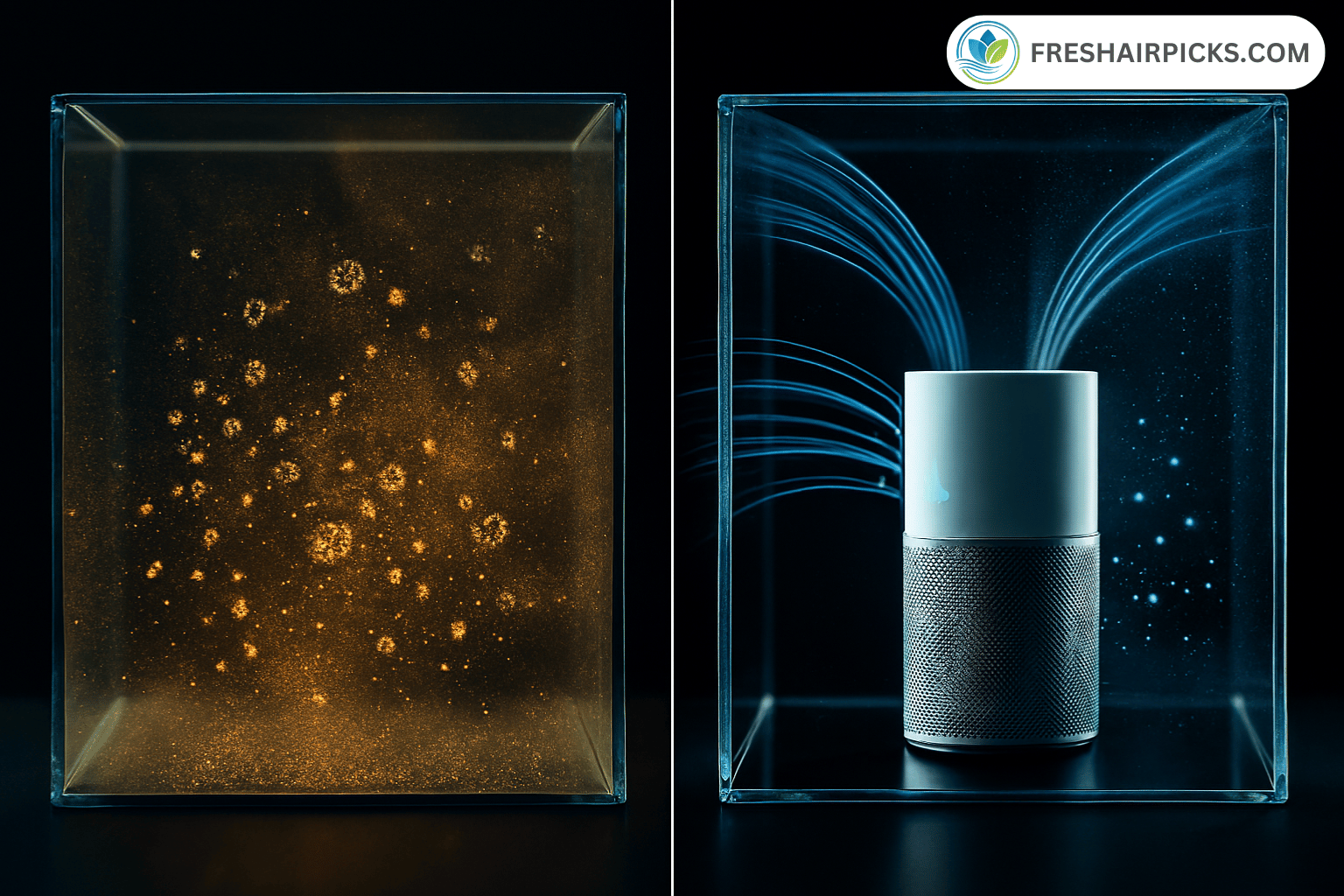 Split screen comparison showing dirty air with viral particles vs clean air filtered by an air purifier using the fish tank analogy.