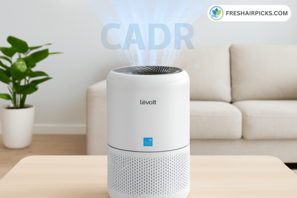 A sleek, modern Levoit air purifier in a living room demonstrating its Clean Air Delivery Rate (CADR) with a visual representation of clean air flowing out.