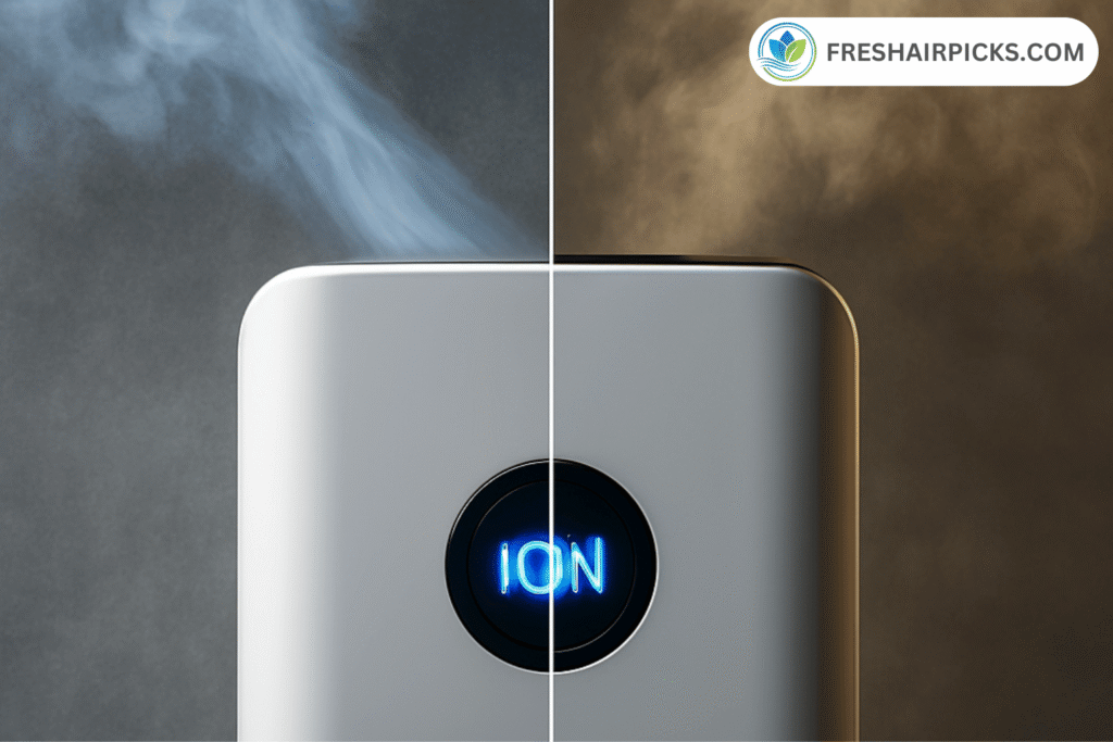 A split-screen image showing an air purifier's ION button, with clean air on one side and a smog-like haze on the other, representing ionizer confusion and risk.