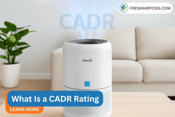 A promotional banner for an article on 'What Is a CADR Rating' from FreshAirPicks.com, showing an air purifier and a 'Learn More' button.