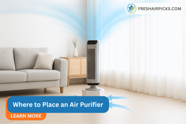 Feature image for where to place an air purifier guide showing a unit in a modern living room with airflow arrows.