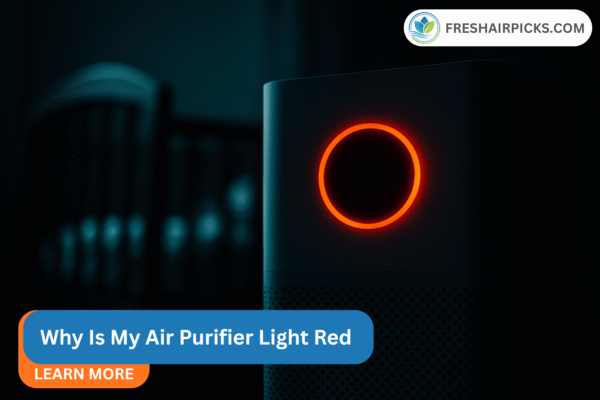 Air purifier displaying a red warning light in a dark nursery with text overlay "Why Is My Air Purifier Light Red".