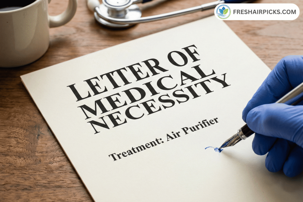 Close-up of a doctor signing a Letter of Medical Necessity document prescribing an air purifier for treatment.