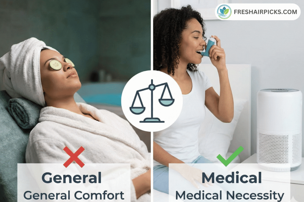 Split screen comparison showing general comfort spa treatment versus medical necessity usage of an air purifier for asthma relief.