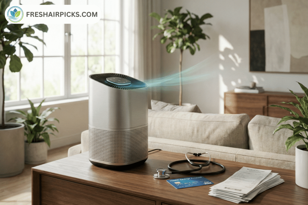 A sleek air purifier on a table next to a stethoscope and an HSA bank card, illustrating eligible medical expenses.