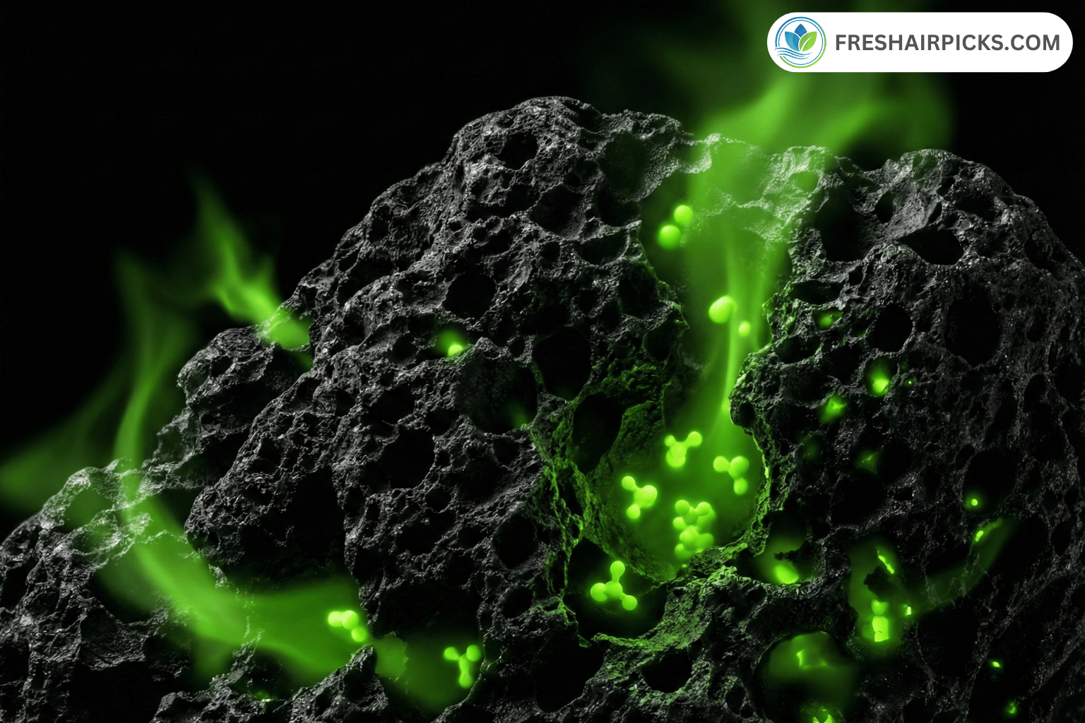 Macro view of activated carbon granules absorbing green gas molecules representing VOCs and household odors into deep pores.