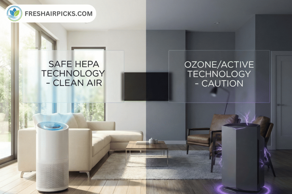 Split screen comparison showing Safe HEPA Technology (Clean Air) on the left versus Ozone Active Technology (Caution) on the right with static electricity visual.