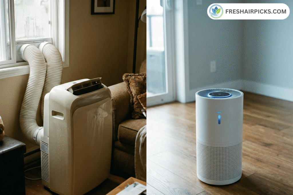 Split image comparing a bulky portable air conditioner with a large exhaust hose versus a sleek, energy-efficient air purifier.