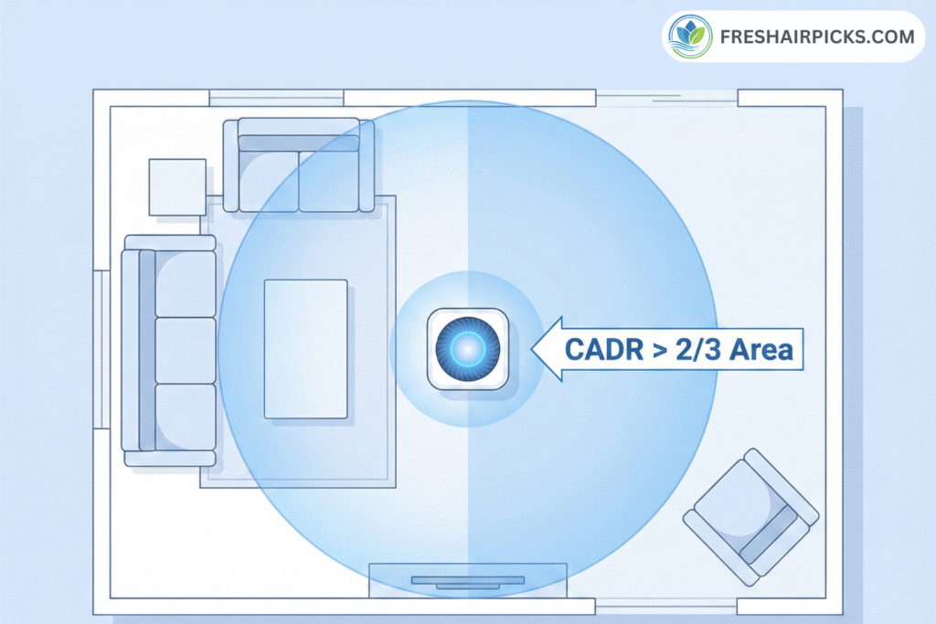 Floor plan diagram demonstrating the 2/3 Rule, showing an air purifier effectively covering a room based on its Smoke CADR rating.