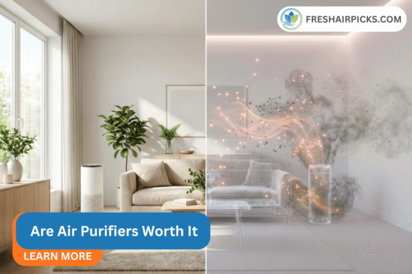 Split screen comparison: a clean living room on the left versus an X-ray view revealing invisible airborne pollutants like dust and pollen on the right.