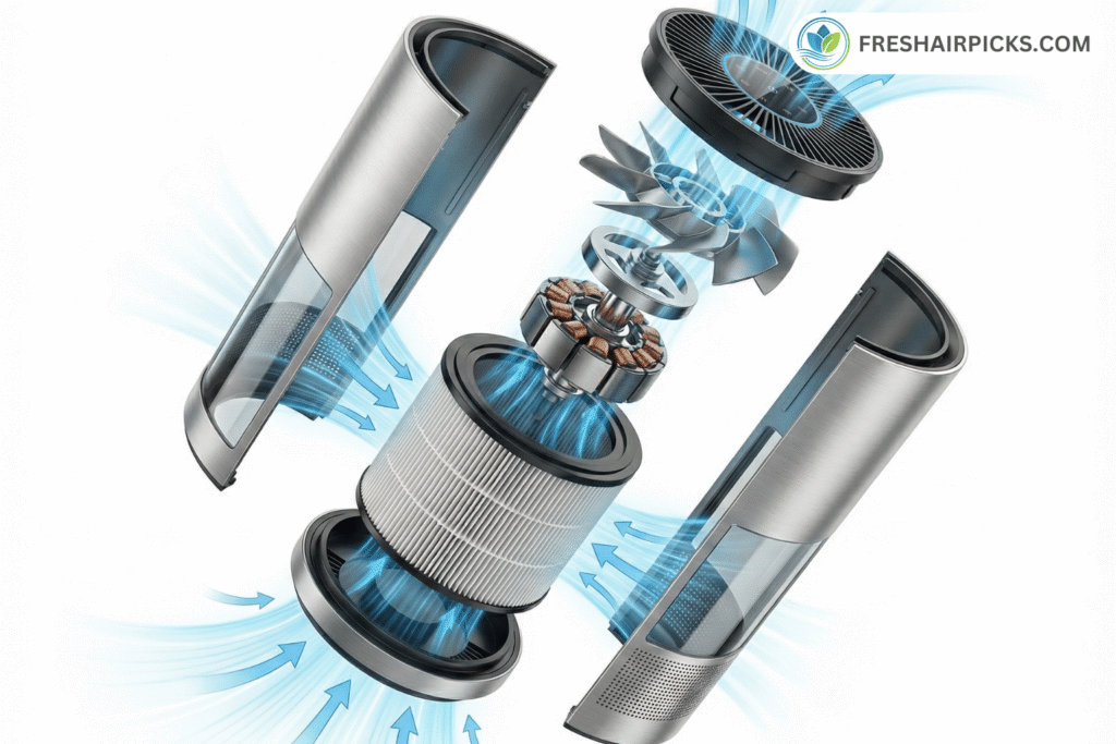3D exploded view diagram of a high-performance air purifier revealing the internal brushless DC motor, large centrifugal fan blade, and cylindrical HEPA filter system with blue airflow indicators.