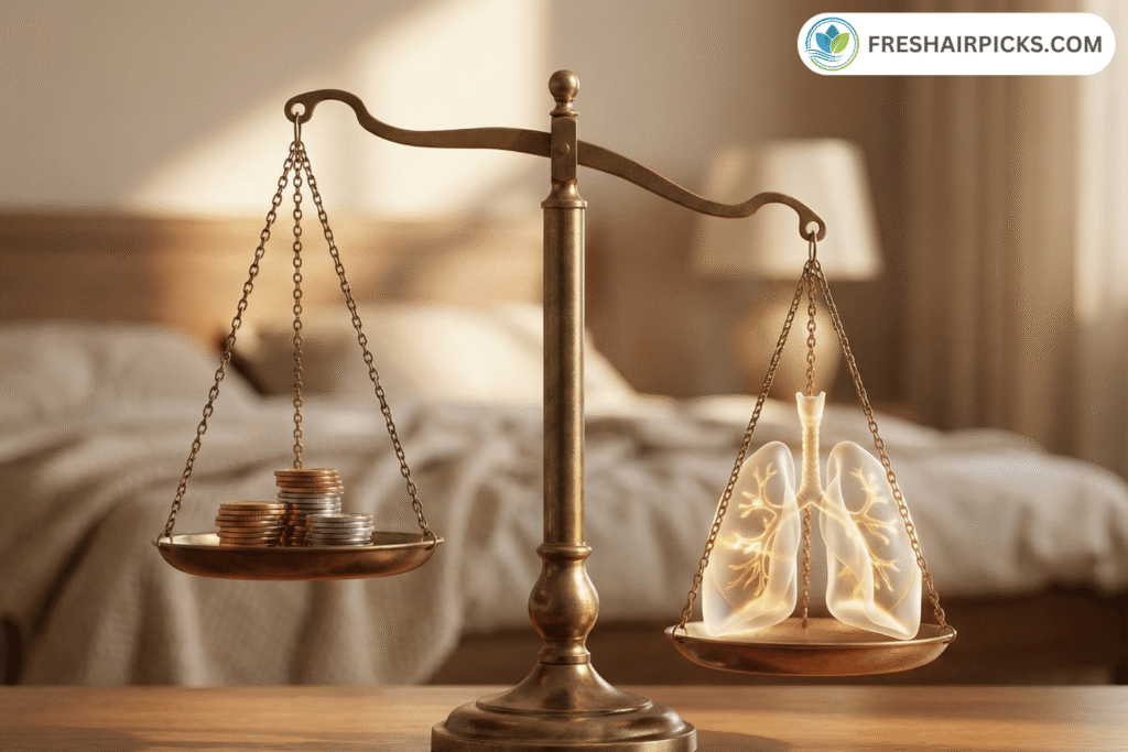 A balance scale showing that the value of healthy lungs significantly outweighs the small daily cost of running an air purifier.