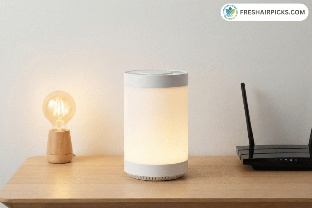 Comparison showing a modern air purifier next to an LED lightbulb and a Wi-Fi router to demonstrate low energy consumption.