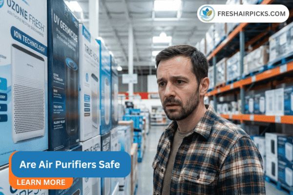 A man looking confused in an air purifier store aisle, wondering if air purifiers are safe.
