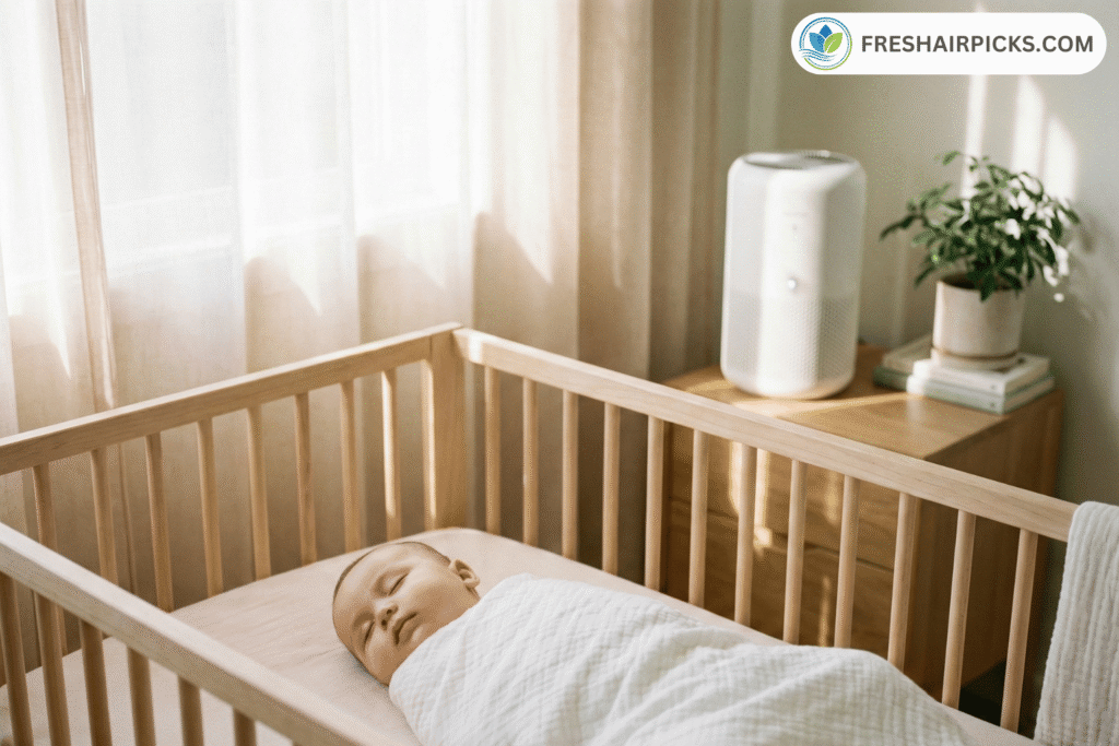 A baby sleeping peacefully in a crib with a quiet air purifier running in the background of the nursery.