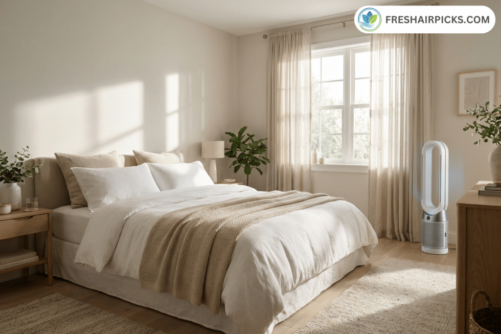 A sleek modern white air purifier tower running quietly in the corner of a bright, sunlit master bedroom with cozy bedding and natural decor.