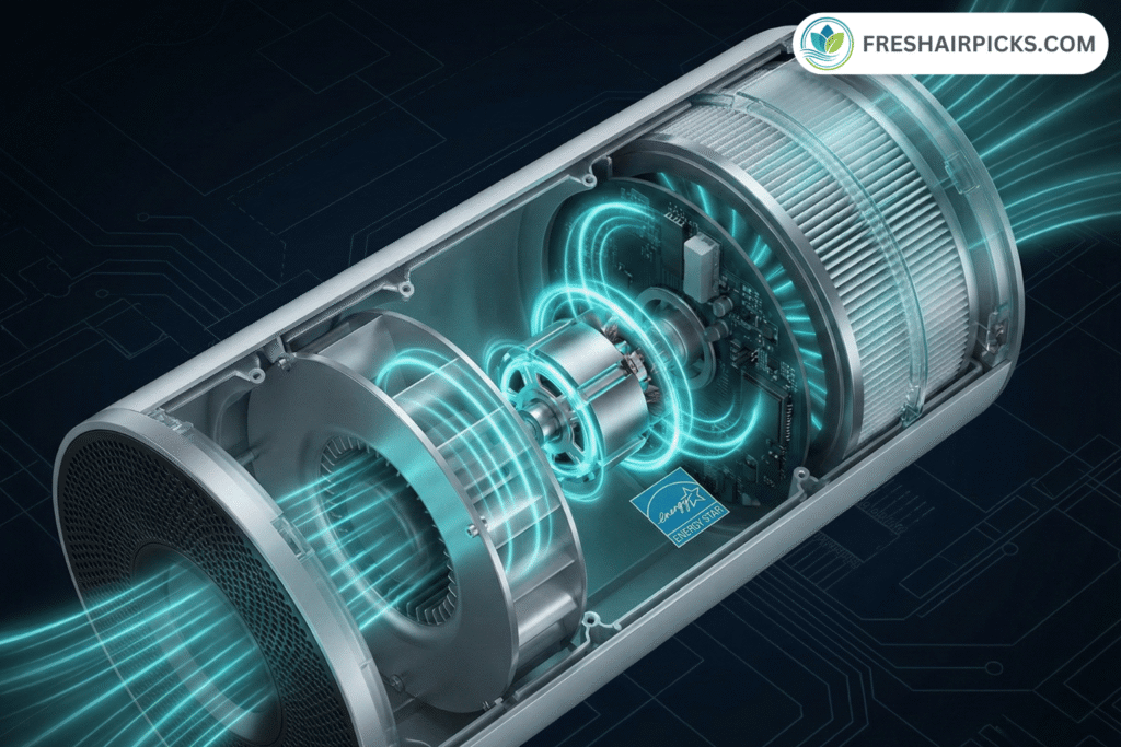 Internal cutaway view of an air purifier showing an energy-efficient brushless DC motor and an Energy Star logo.
