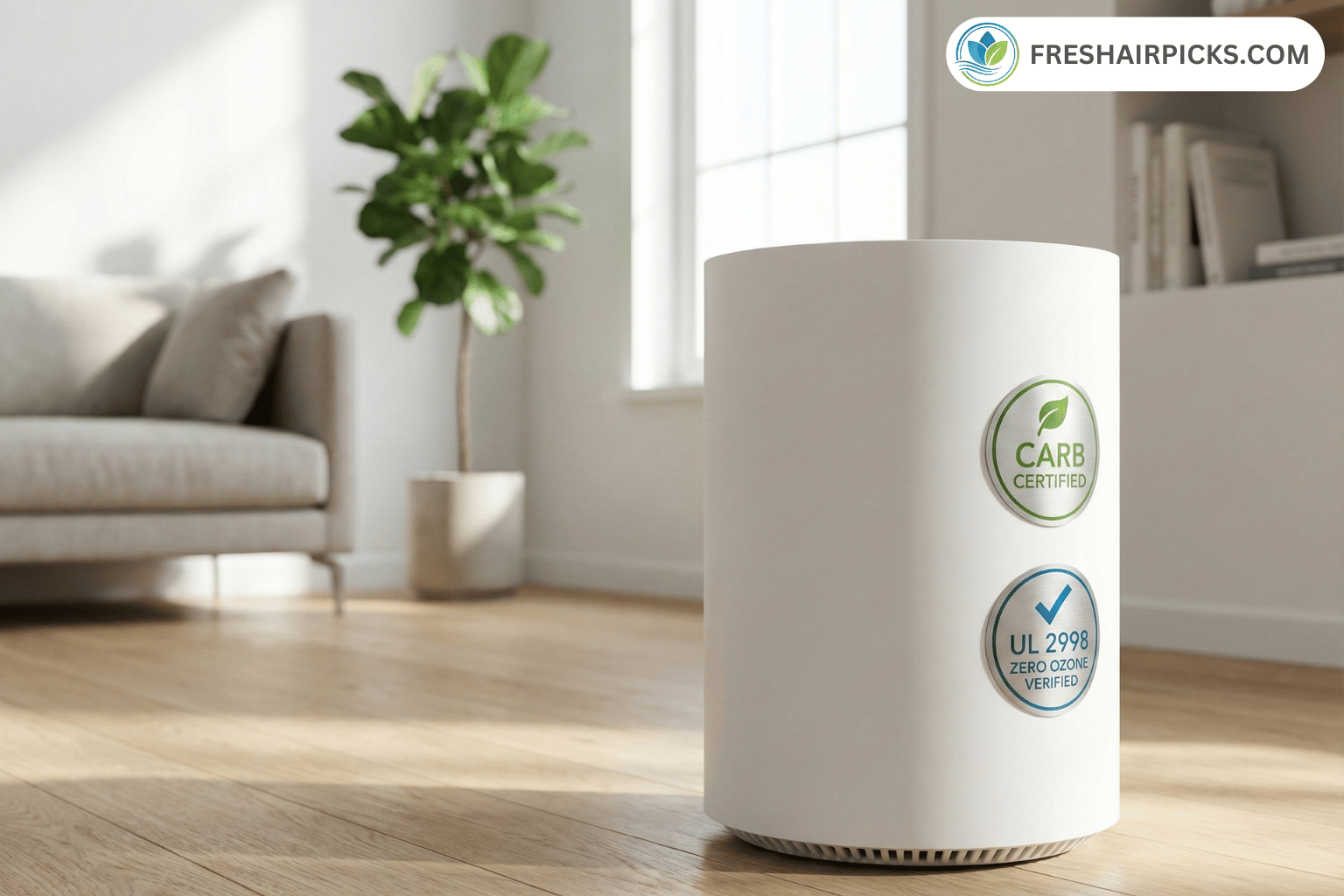 A modern air purifier displaying CARB Certified and UL 2998 Zero Ozone Verification labels for safety.