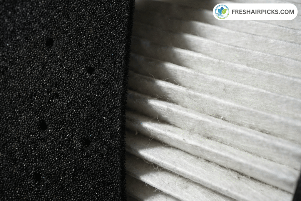 Extreme close-up macro photography showing the porous texture of a thin black sponge filter next to the dense, fibrous texture of a thick white pleated HEPA filter.