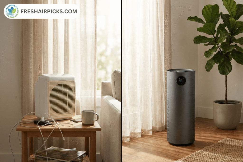 Side-by-side comparison showing a cheap, bulky plastic fan unit with visible wires on the left versus a modern, sleek smart air purifier on the right with FreshAirPicks logo.