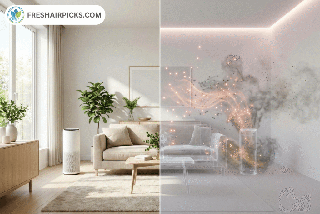 Side-by-side comparison of a pristine modern living room and an X-ray view showing invisible dust, smoke, and pollen particles floating in the air.