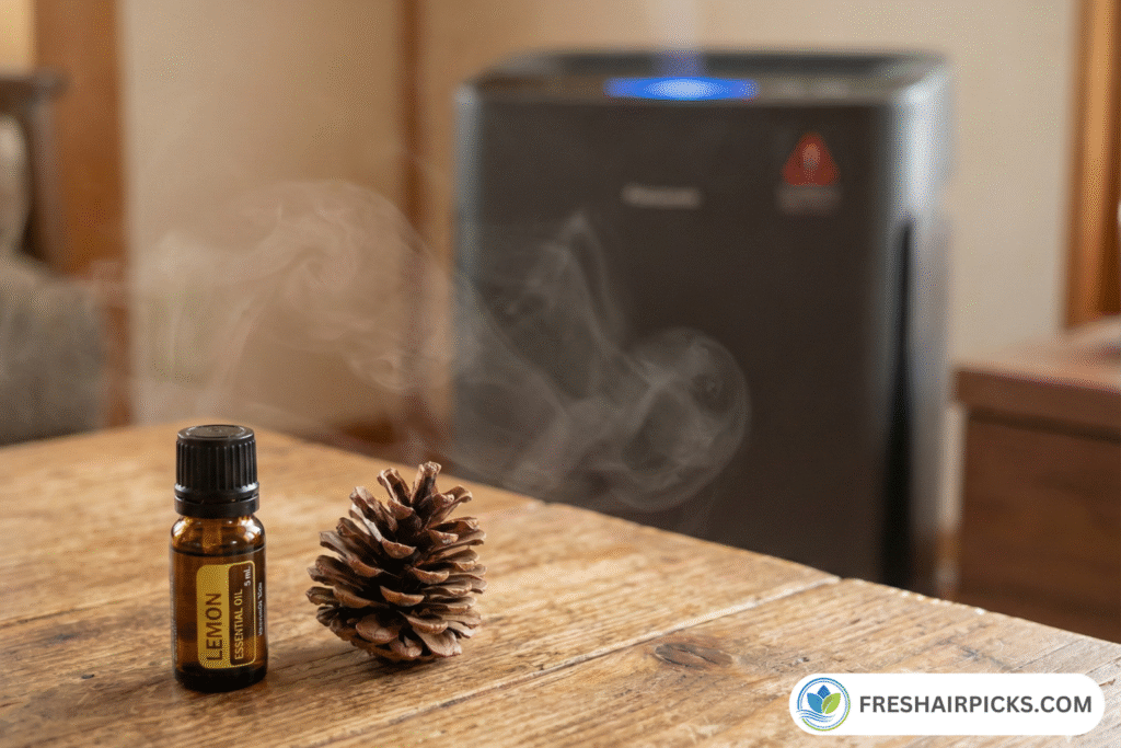 A bottle of lemon essential oil and a pine cone on a table with an ozone-generating air purifier in the background creating visible chemical reaction mist.
