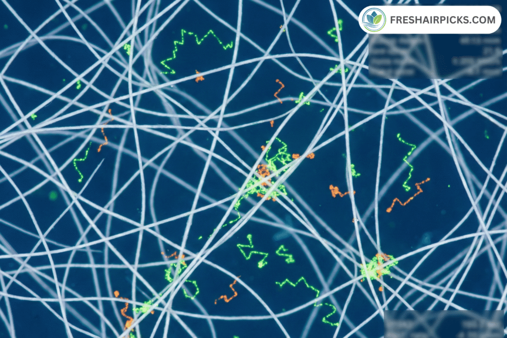 Microscopic close-up of HEPA filter fibers trapping erratic virus-sized particles using the physics of Brownian Motion.