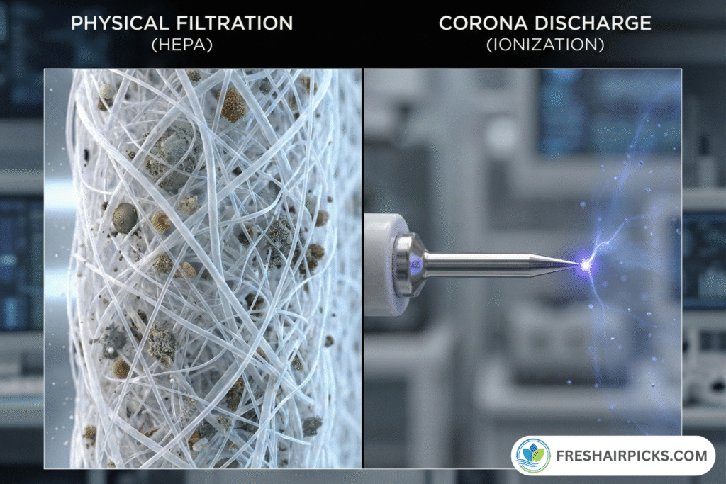 Macro close-up comparison: Left side shows dense HEPA fibers trapping dust; Right side shows a metal needle emitting an electrical spark (corona discharge).