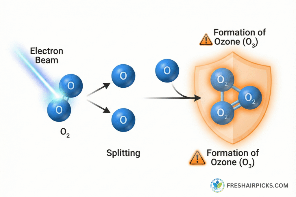 Scientific diagram showing an electron beam splitting oxygen molecules (O2) which then recombine to form dangerous Ozone (O3).