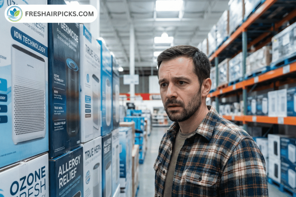 A shopper standing in a retail aisle looking overwhelmed by the variety of air purifier boxes and marketing jargon.