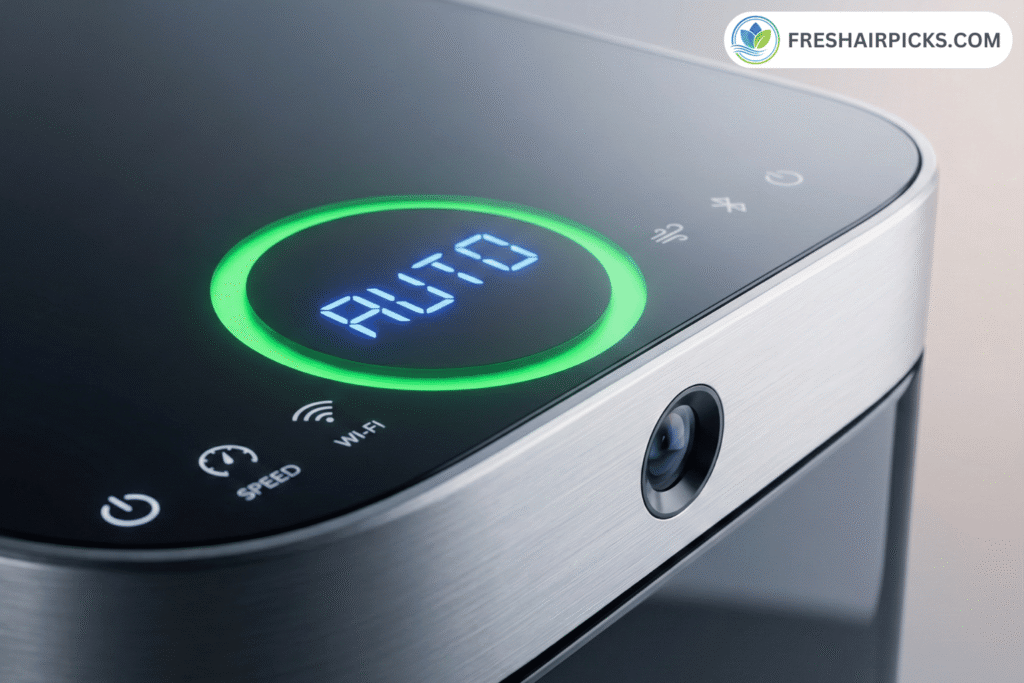 Close-up of a smart air purifier display panel showing 'AUTO' mode activated with a green light indicating clean air.