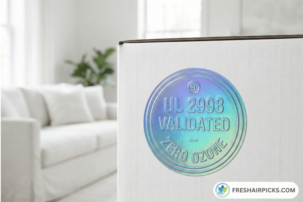 Close up of a holographic UL 2998 Validated Zero Ozone sticker on an air purifier box.