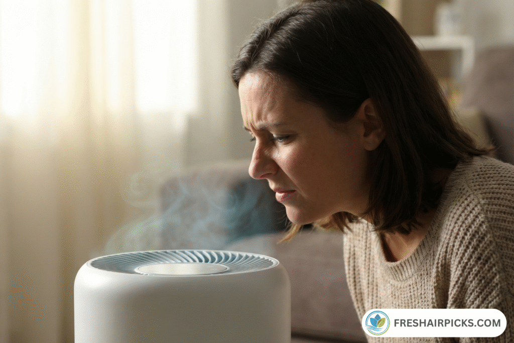 A concerned woman smelling the air coming from an air purifier to check for the scent of chlorine or wet pavement.